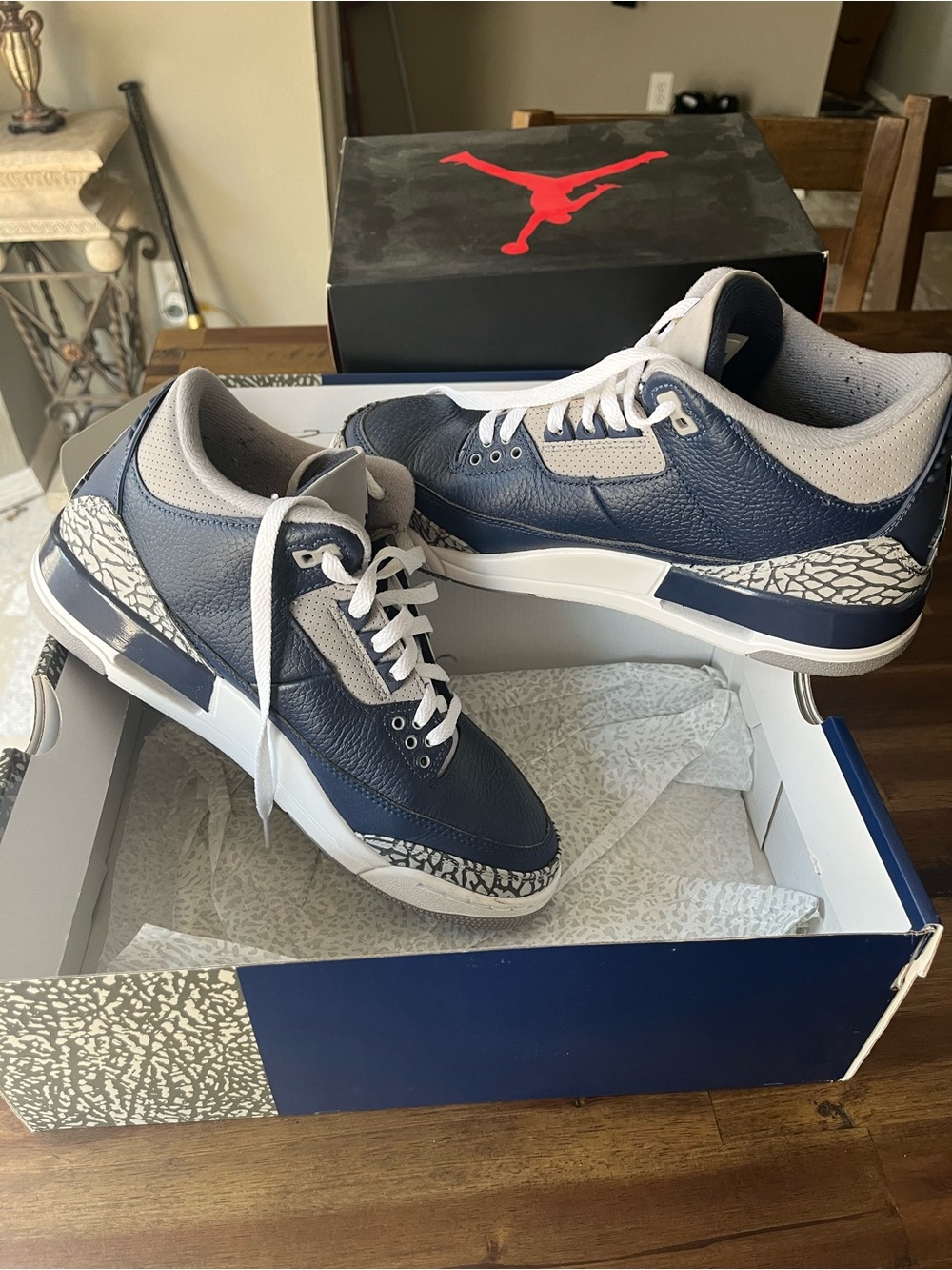 Jordan 3 Men’s Sneakers in Navy and Light Gray with Elephant Print